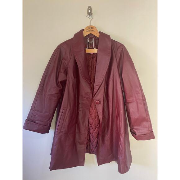 Woman Within Retro Burgundy Red Leather Jacket Size 16 Quilted Lining - Picture 1 of 5